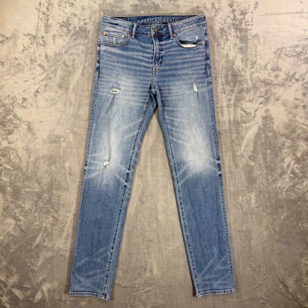 American Eagle Airflex Slim Straight Jeans Men's 32x36 Blue Distressed Denim